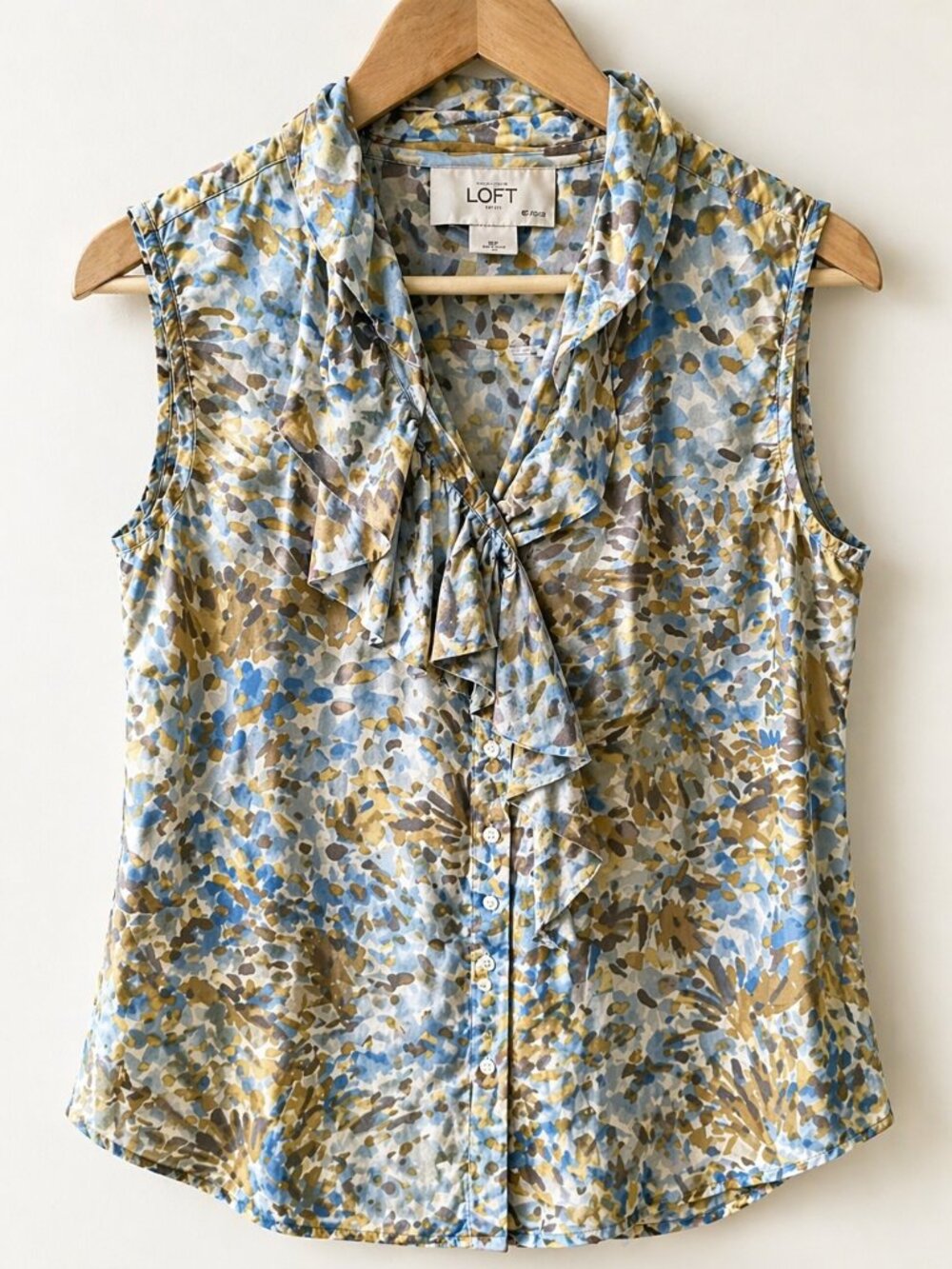 LOFT Petite Sleeveless Tie Neck Blouse Blue Taupe Floral Print - SP